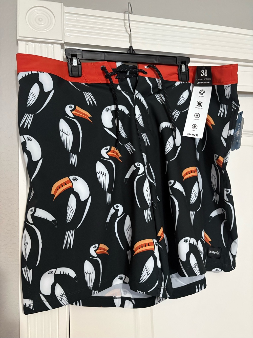 Hurley Men’s Black Toucan Board Shorts with Red Waistband and Orange Beaks